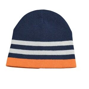 Toby NYC Striped Beanie Hat Boy's Size 4-7 Navy Blue Orange Grey Knit